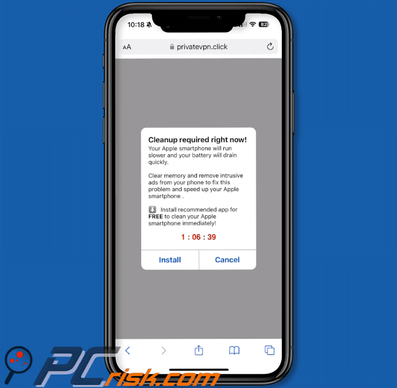 Limpeza necessária agora mesmo! Pop-Up Scam iPhone variante (GIF)