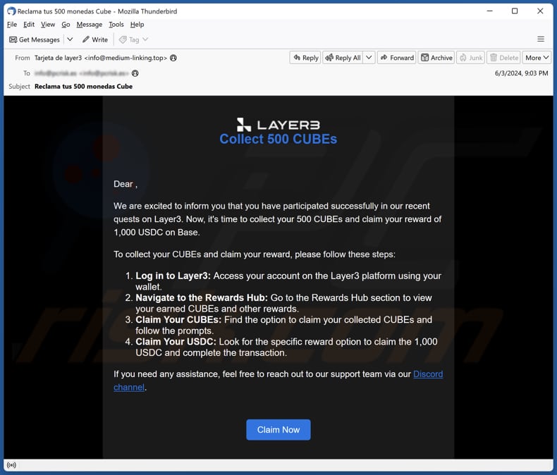 Collect 500 CUBEs E-mail fraudulento que promove este esquema
