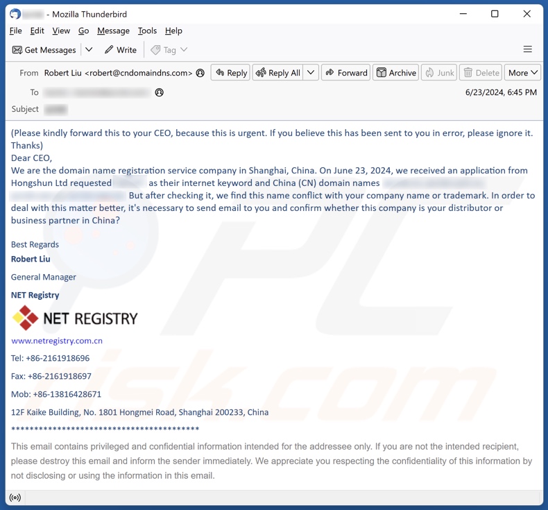 Conflict With Your Company Name Or Trademark e-mail fraudulento outra variante
