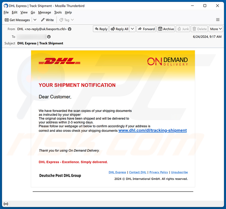 DHL Shipment Notification email fraude (2024-06-26)