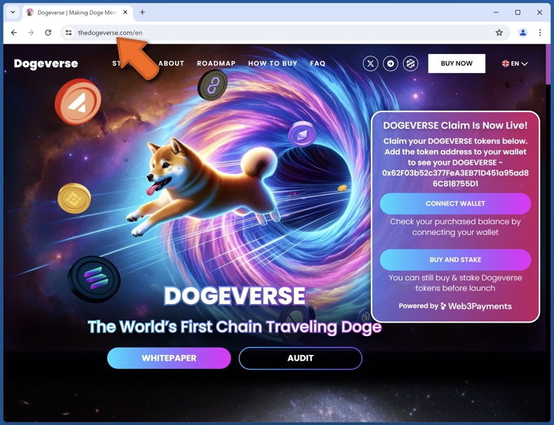 Aparência do verdadeiro sítio Web Dogeverse (thedogeverse[.]com)