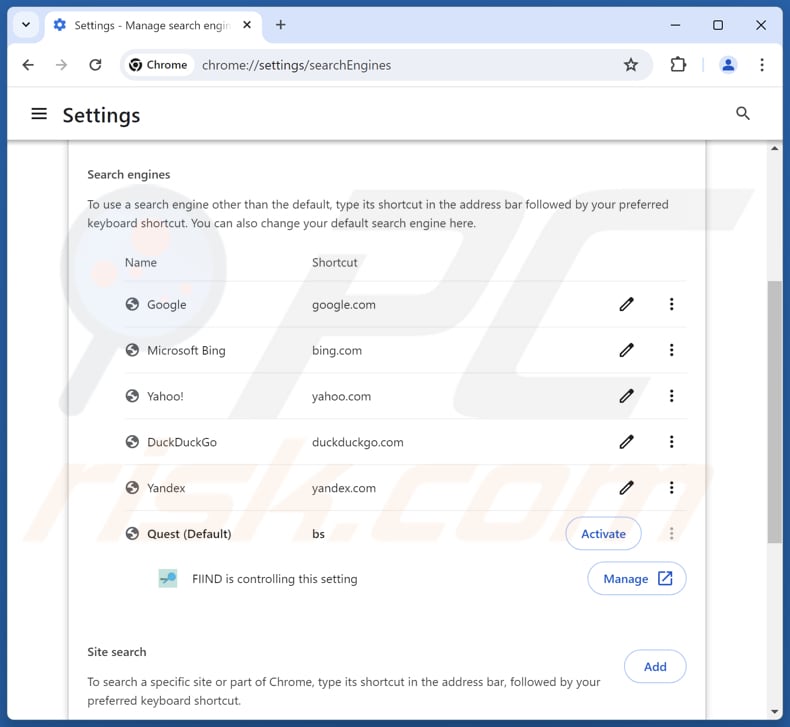 Remoção do findflarex.com do motor de busca predefinido do Google Chrome