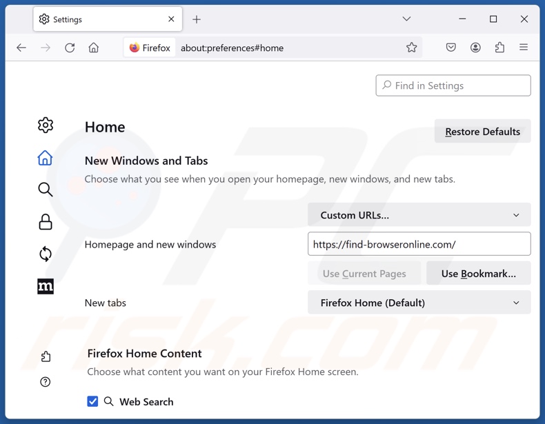 Removendo find-browseronline.com da página inicial do Mozilla Firefox