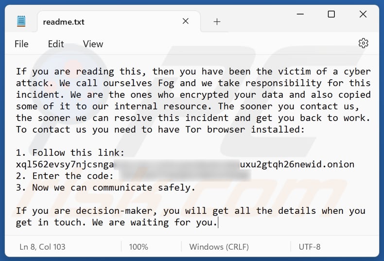 Fog ransomware ficheiro de texto (readme.txt)