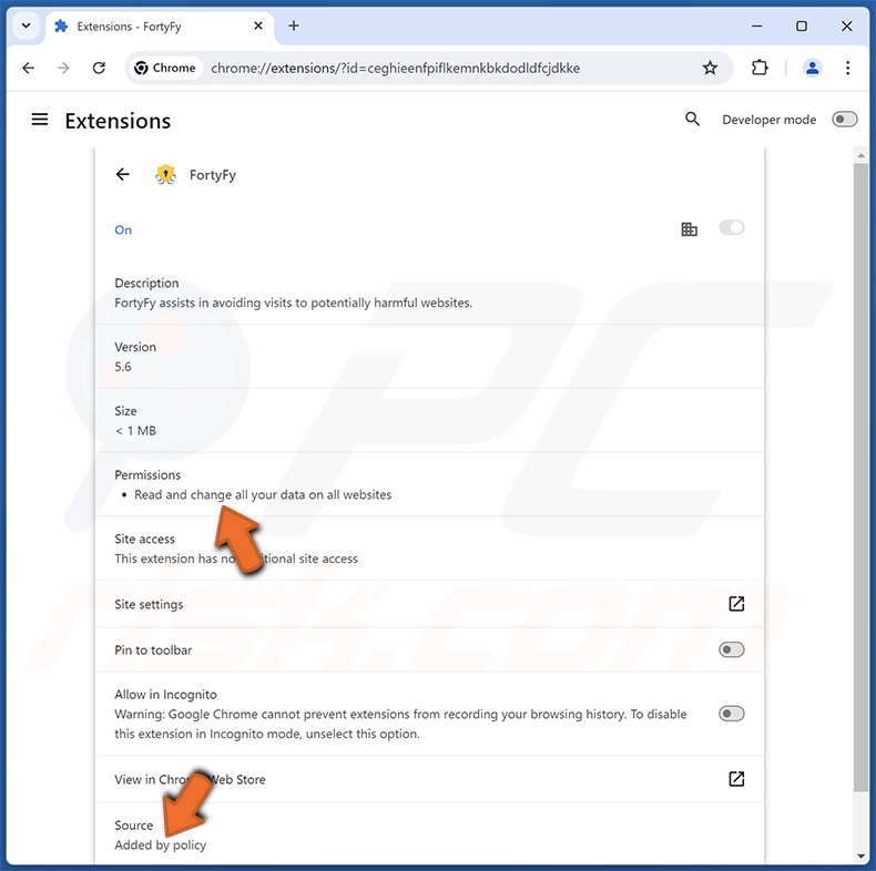 Detalhes da extensão do navegador FortyFy