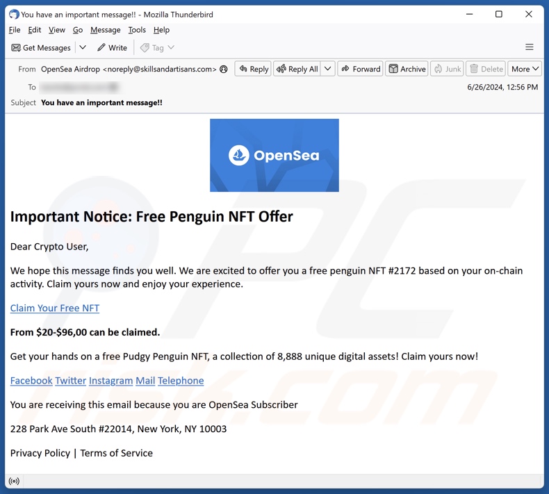 Aparência da mensagem de correio eletrónico de spam que apoia o esquema Free Penguin NFT