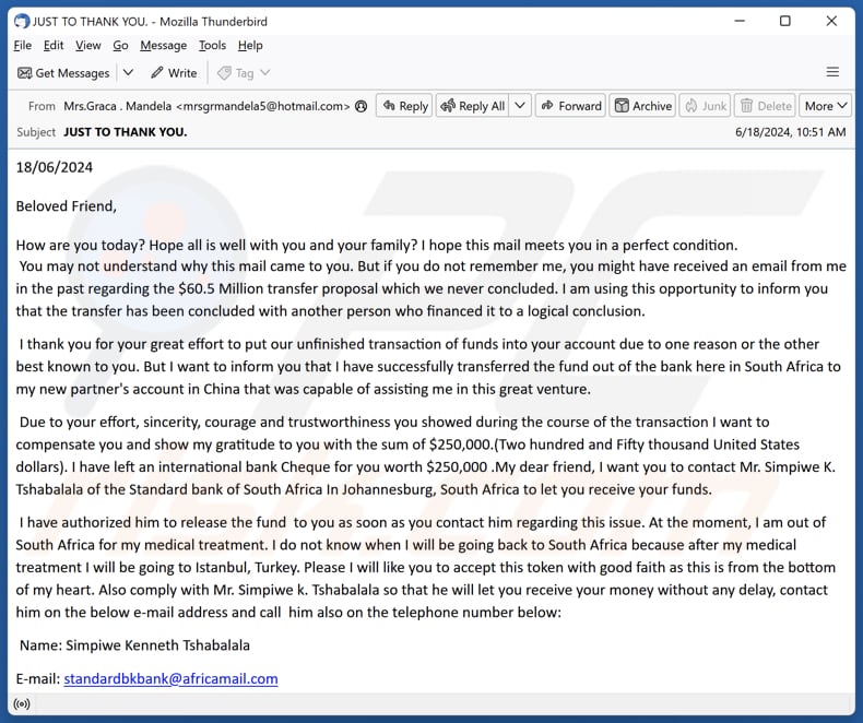 Fund Transaction campanha de spam por e-mail