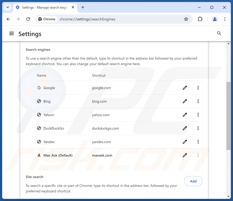 Remoção do maxask.com do motor de busca predefinido do Google Chrome