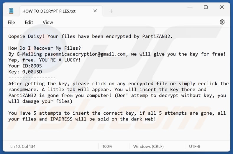 PartiZAN32 ransomware ficheiro de texto (HOW TO DECRYPT FILES.txt)