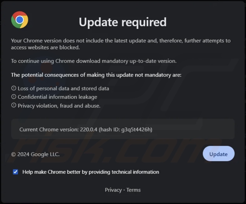 Your Chrome Version Does Not Include The Latest Update pop-up fraude