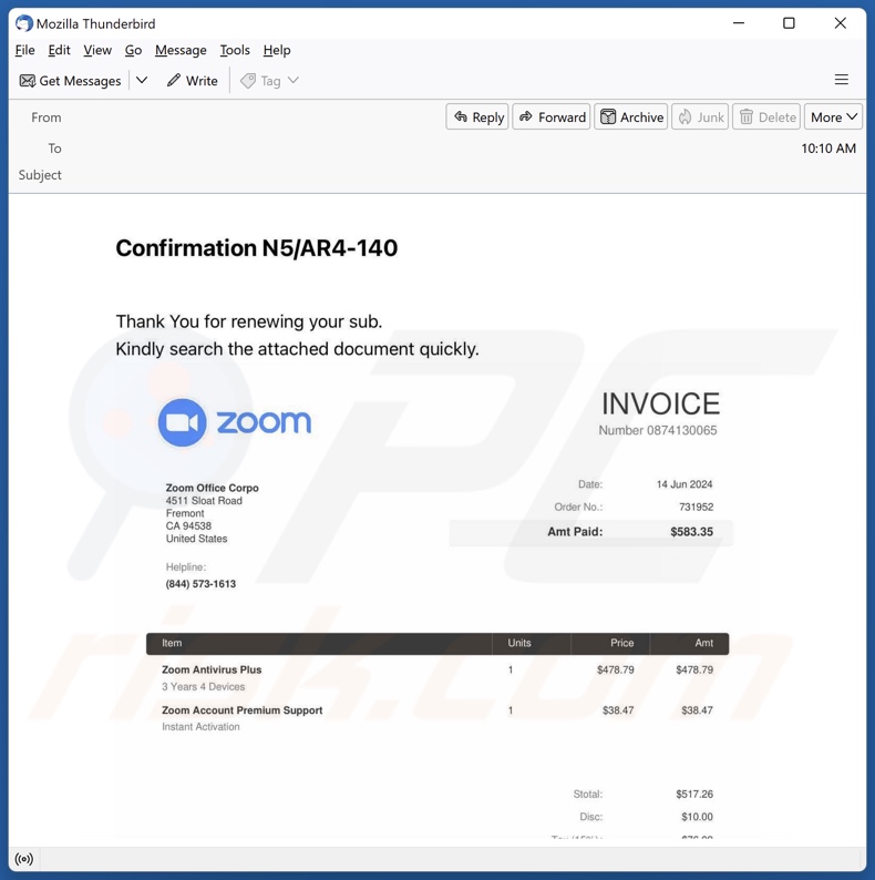 Zoom Antivirus Plus Subscription campanha de spam por correio eletrónico