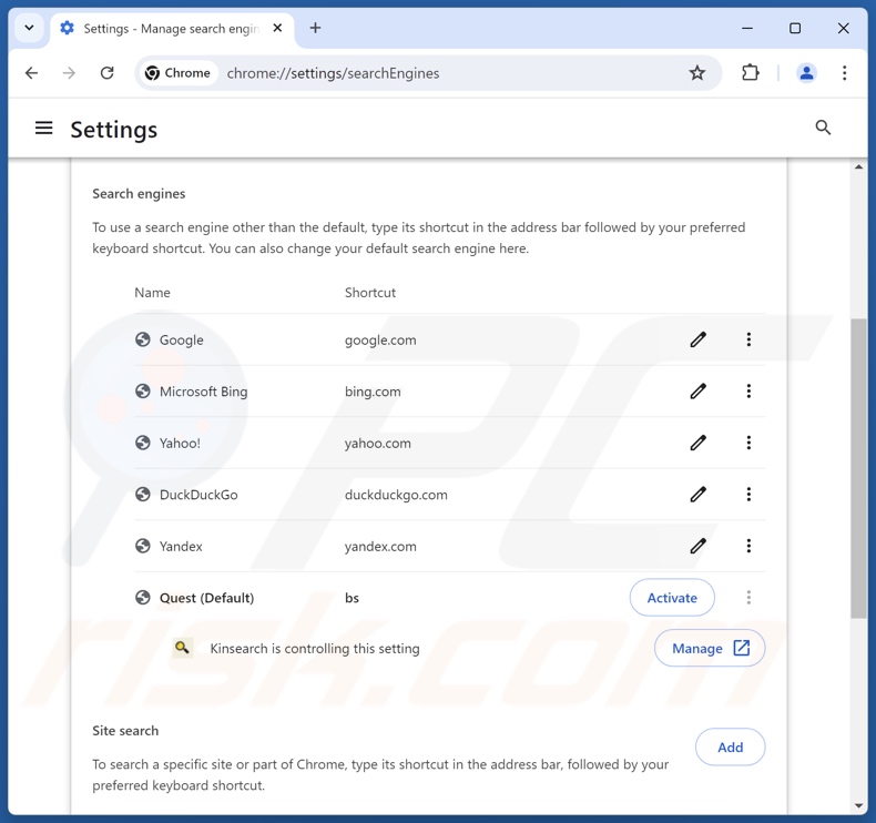 Remoção do findflarex.com do motor de busca predefinido do Google Chrome