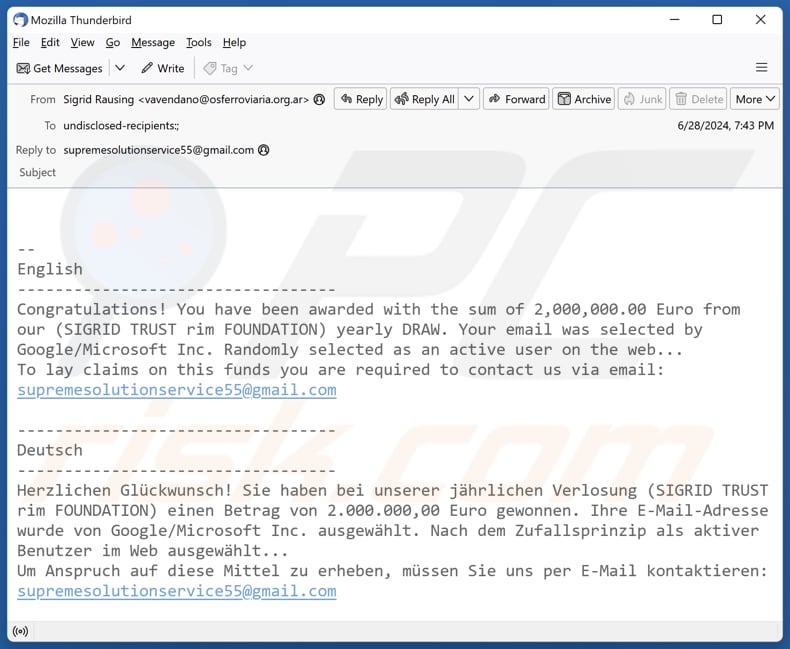 Sigrid Trust Rim Foundation campanha de spam por correio eletrónico