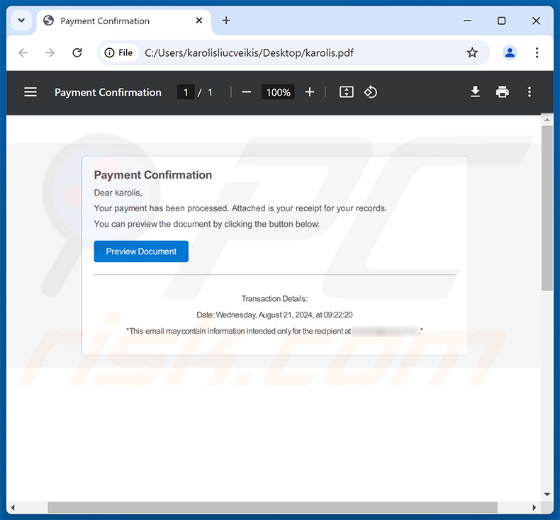 Documento PDF enganador distribuído através de um e-mail fraudulento de confirmação de pagamento (2024-08-27)