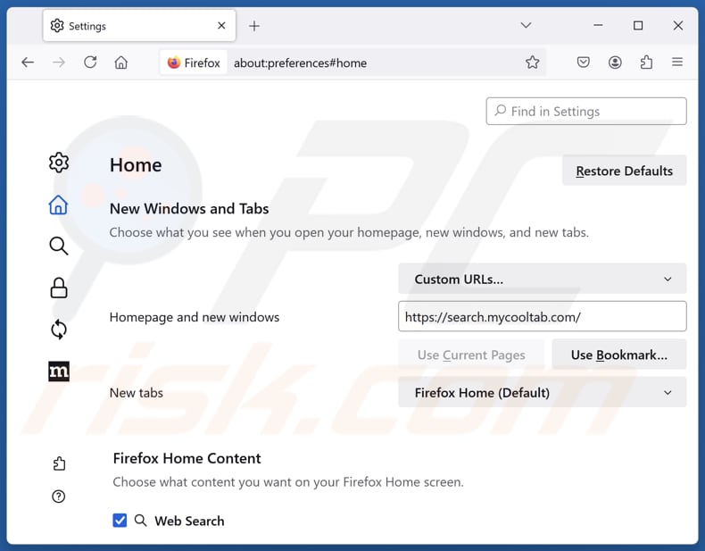 Removendo search.mycooltab.com da página inicial do Mozilla Firefox