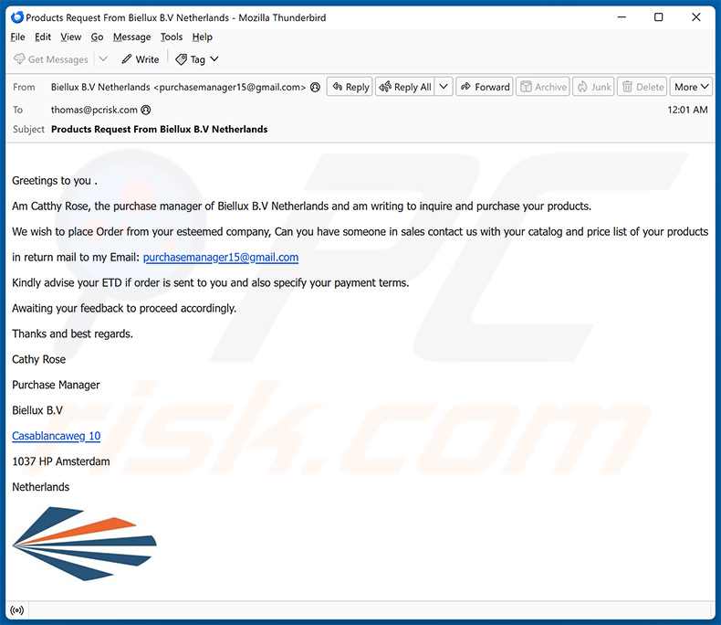 We Are Interested In Your Company Products email fraude (2024-08-20)
