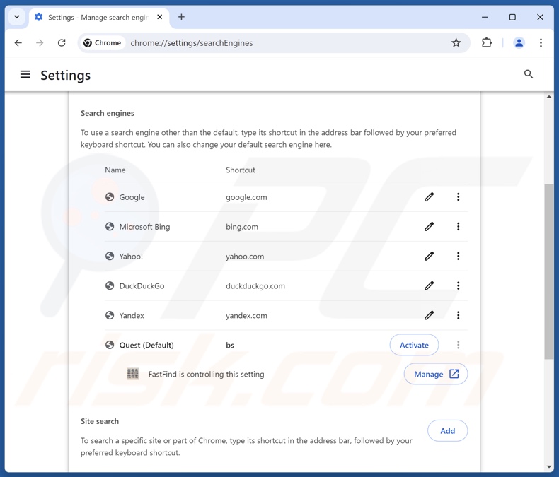 Remoção do findflarex.com do motor de busca predefinido do Google Chrome