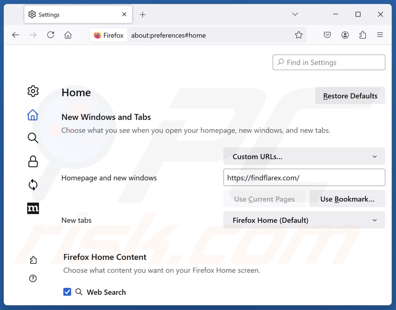Removendo findflarex.com da página inicial do Mozilla Firefox