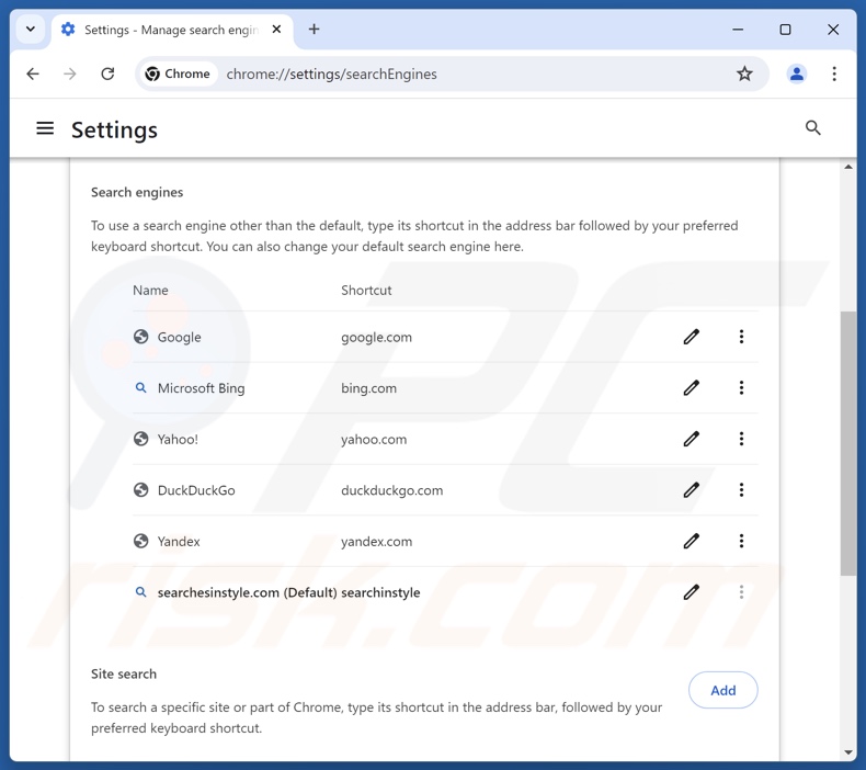 Remoção do searchesinstyle.com do motor de busca predefinido do Google Chrome
