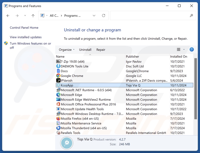 KcozApp desinstalar através do Painel de Controlo