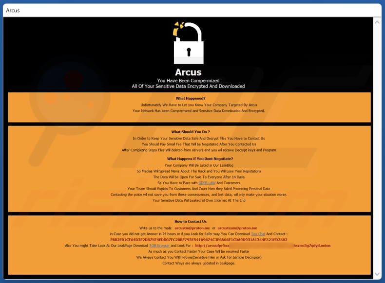 Arcus ransomware mensagem pop-up de nota de resgate