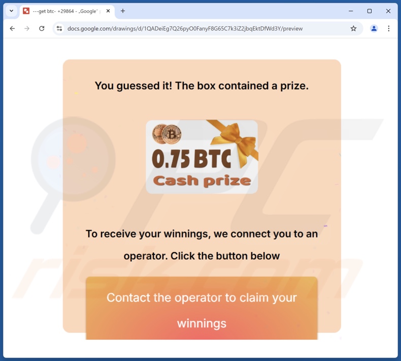 Bitcoin Prize Draw página enganosa promovida por um anexo de correio eletrónico spam