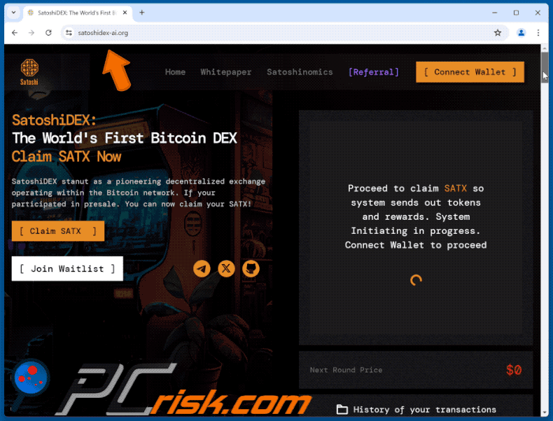 Aparecimento do esquema Claim SatoshiDEX (SATX) (GIF)