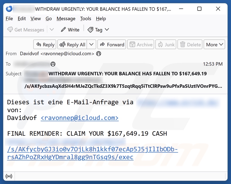 E-mail de spam utilizado para promover este falso sítio BitPay (amostra 1)