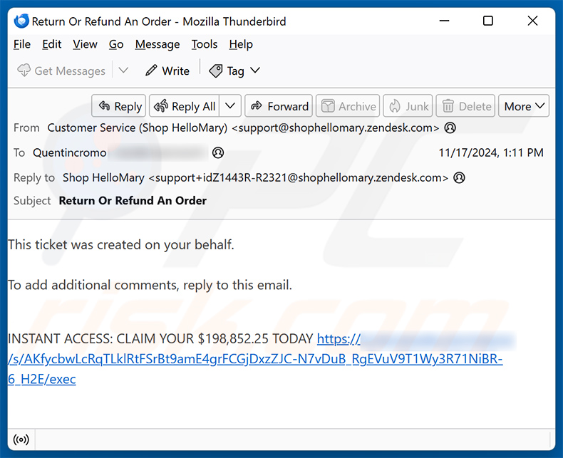 Correio eletrónico de spam utilizado para promover este falso sítio BitPay (amostra 2)