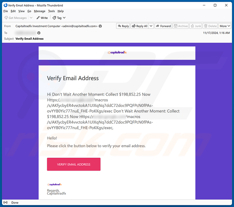 Correio eletrónico de spam utilizado para promover este falso sítio BitPay (amostra 3)