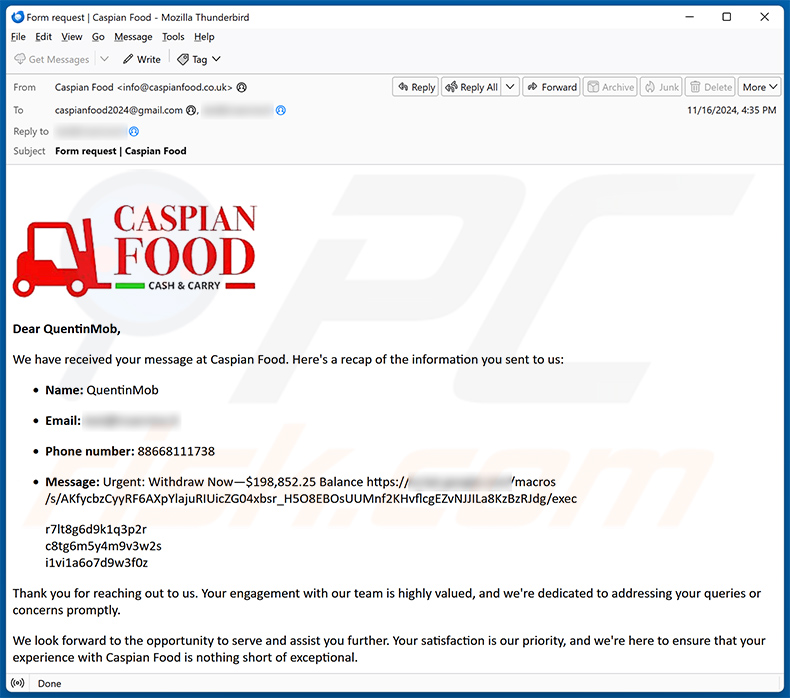 Correio eletrónico de spam utilizado para promover este falso sítio BitPay (amostra 4)