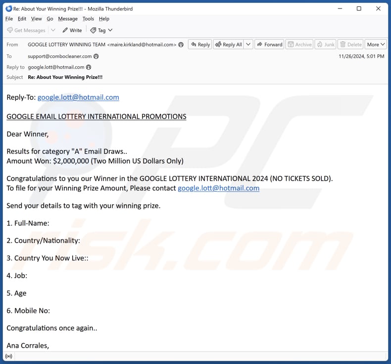 Google Email Lottery International Promotions campanha de spam por correio eletrónico
