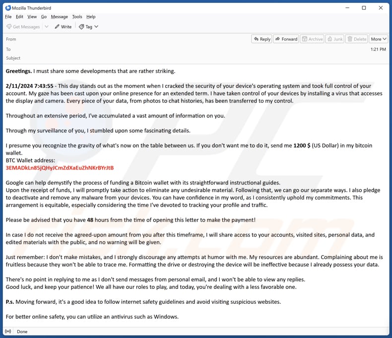 I Have Penetrated Your Device's Operating System e-mail scam segunda variante