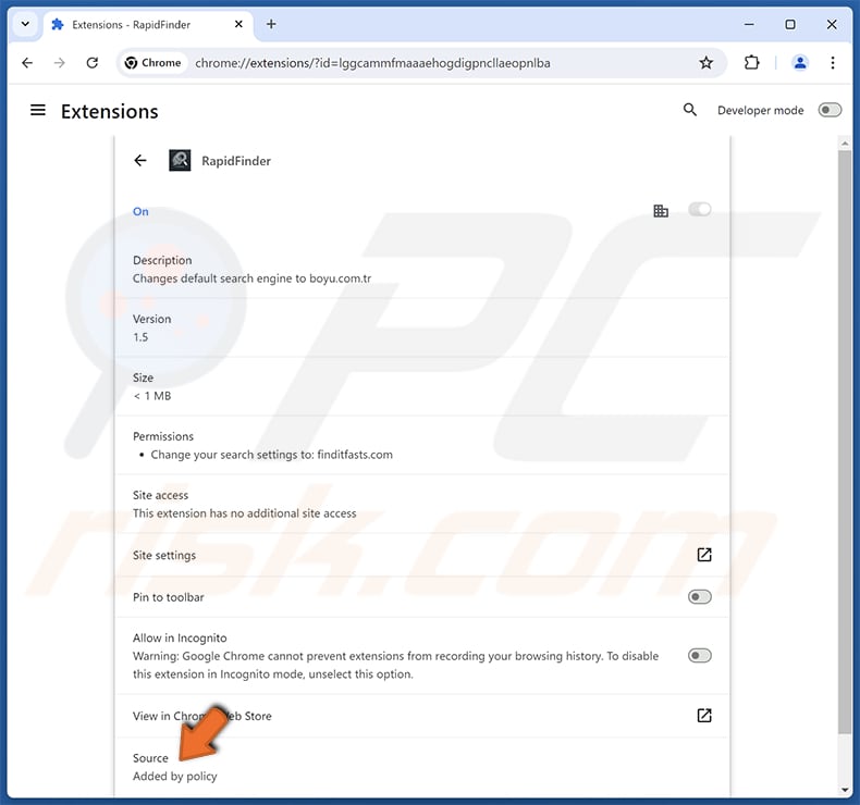 RapidFinder descrição da extensão do sequestrador de navegador