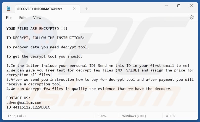 Adver ransomware ficheiro de texto (RECOVERY INFORMATION.txt)