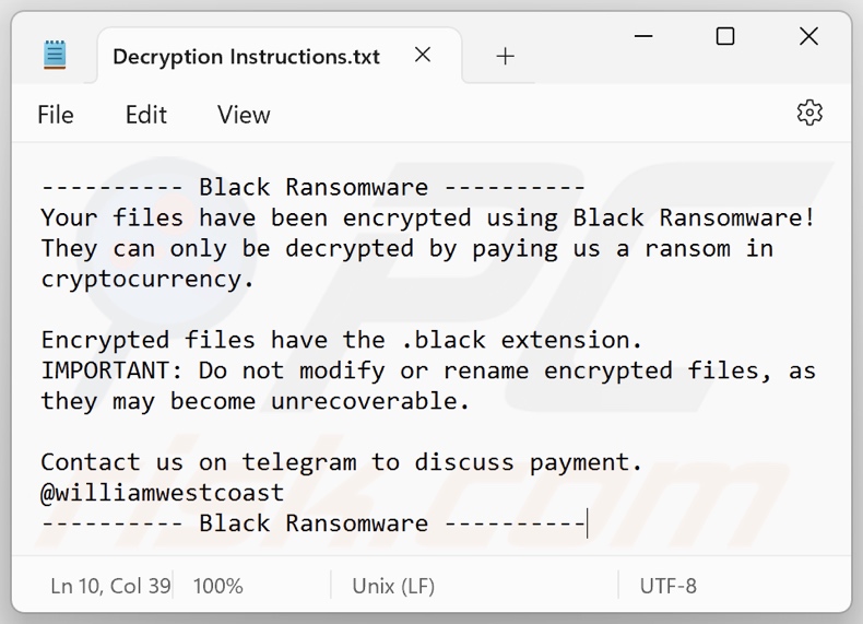 Black (Prince) ransomware nota de resgate (Decryption Instructions.txt)