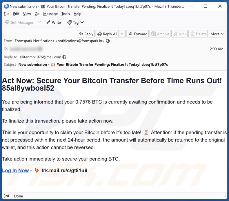 Blockchain.com Money Transfer e-mail de promoção de fraude