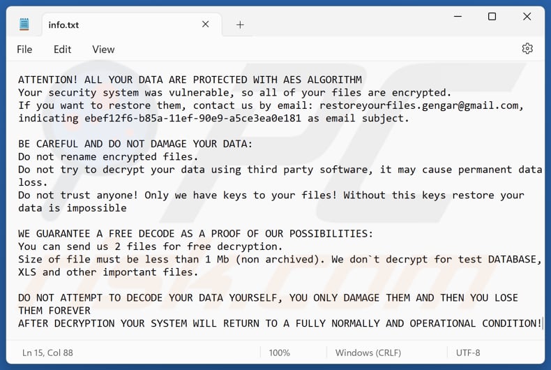 Gengar ransomware ficheiro de texto (info.txt)