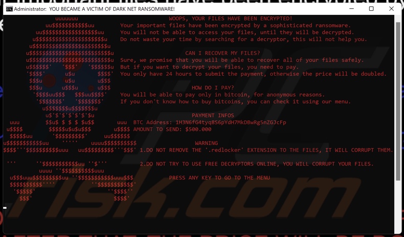 RedLocker ransomware nota de resgate (redlocker.bat)