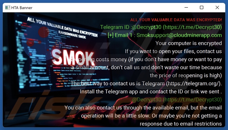 SMOK ransomware nota de resgate (pop-up)