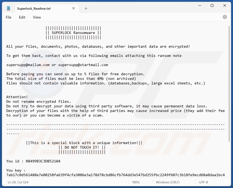 SUPERLOCK ransomware nota de resgate (Superlock_Readme.txt)