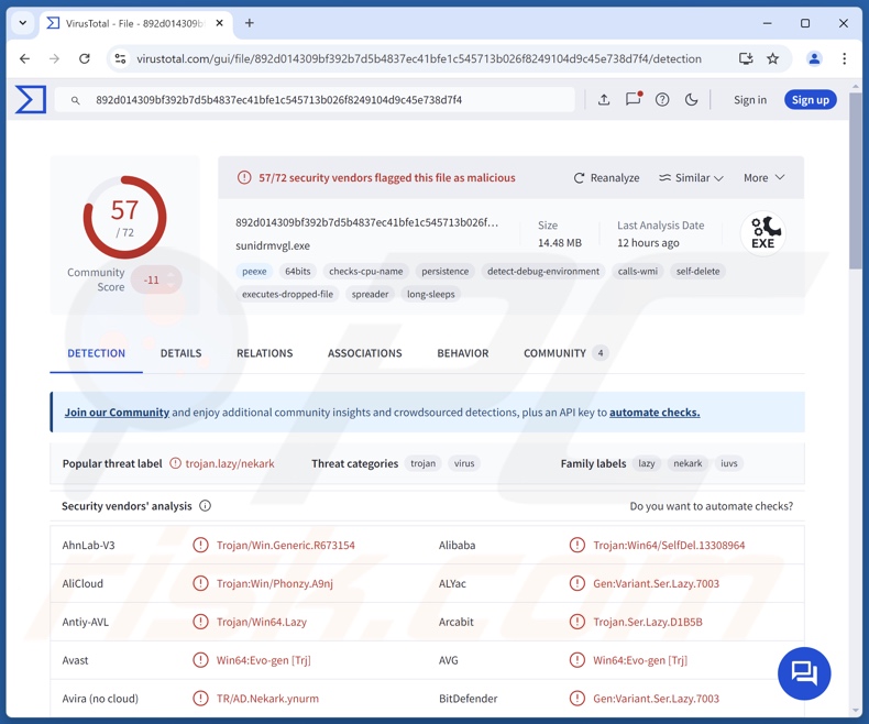 Zephyr Miner detecções de malware no VirusTotal
