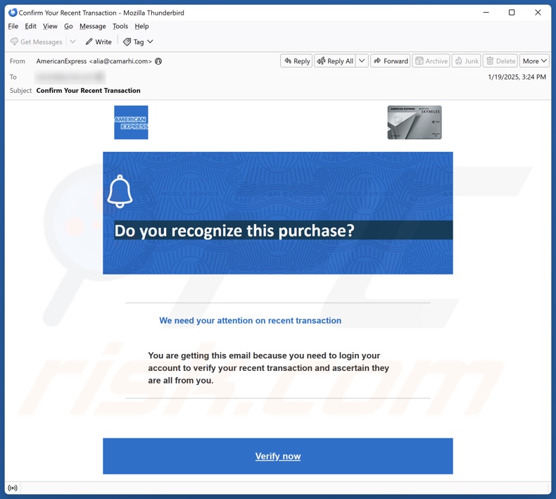 American Express - Unrecognized Transaction campanha de spam por correio eletrónico