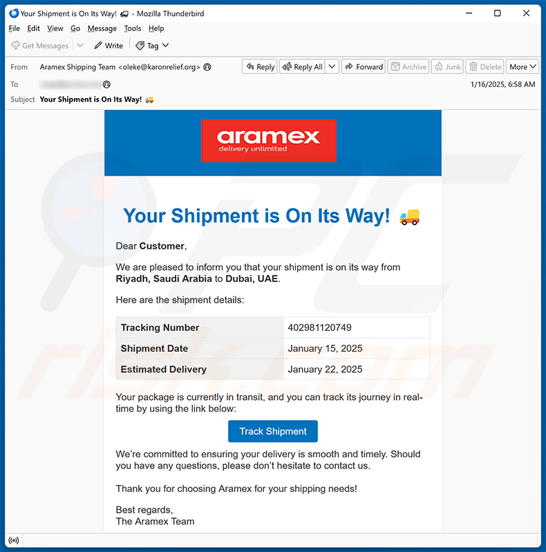 Correio eletrónico de spam com tema da Aramex (2025-01-16)