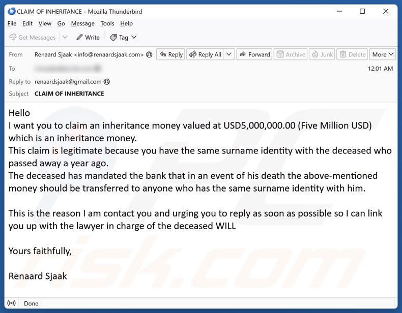 Claim Inheritance Money campanha de spam por correio eletrónico