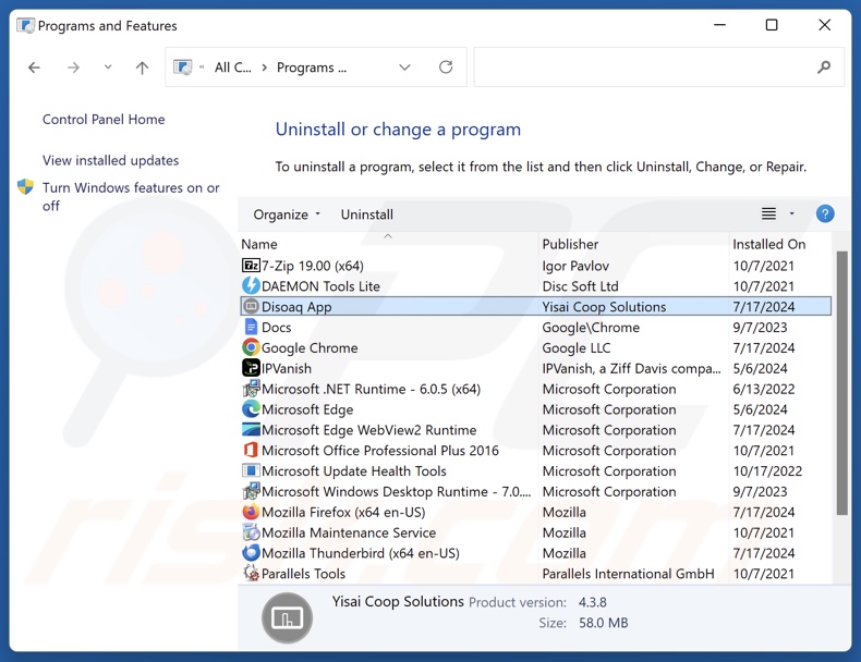 Disoaq App desinstalar via Control Panel