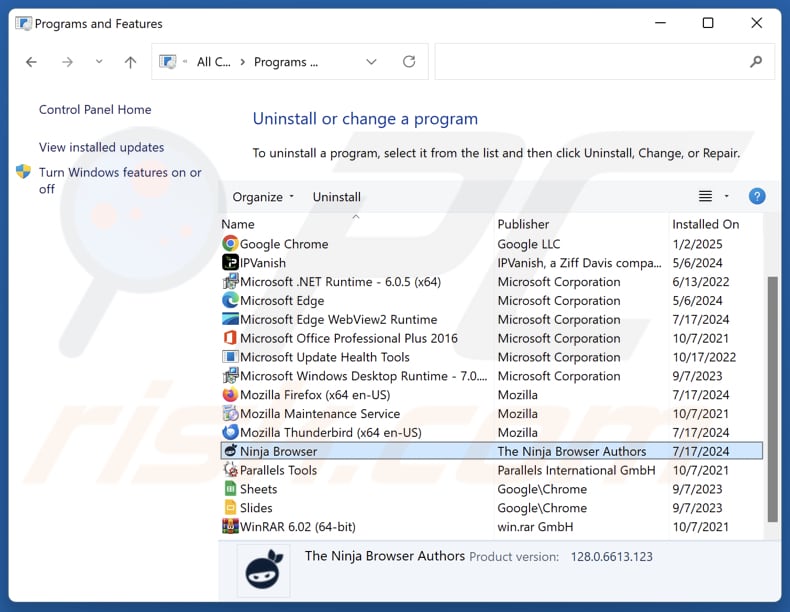 Desinstalação do Ninja Browser através do Painel de Controlo