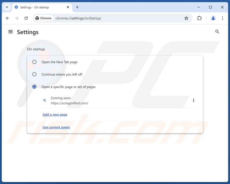 Remoção do octagonfind.com da página inicial do Google Chrome