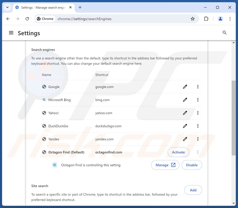 Remoção do octagonfind.com do motor de busca predefinido do Google Chrome