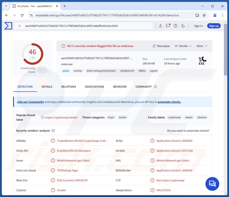 ScarletStealer malware detecções no VirusTotal